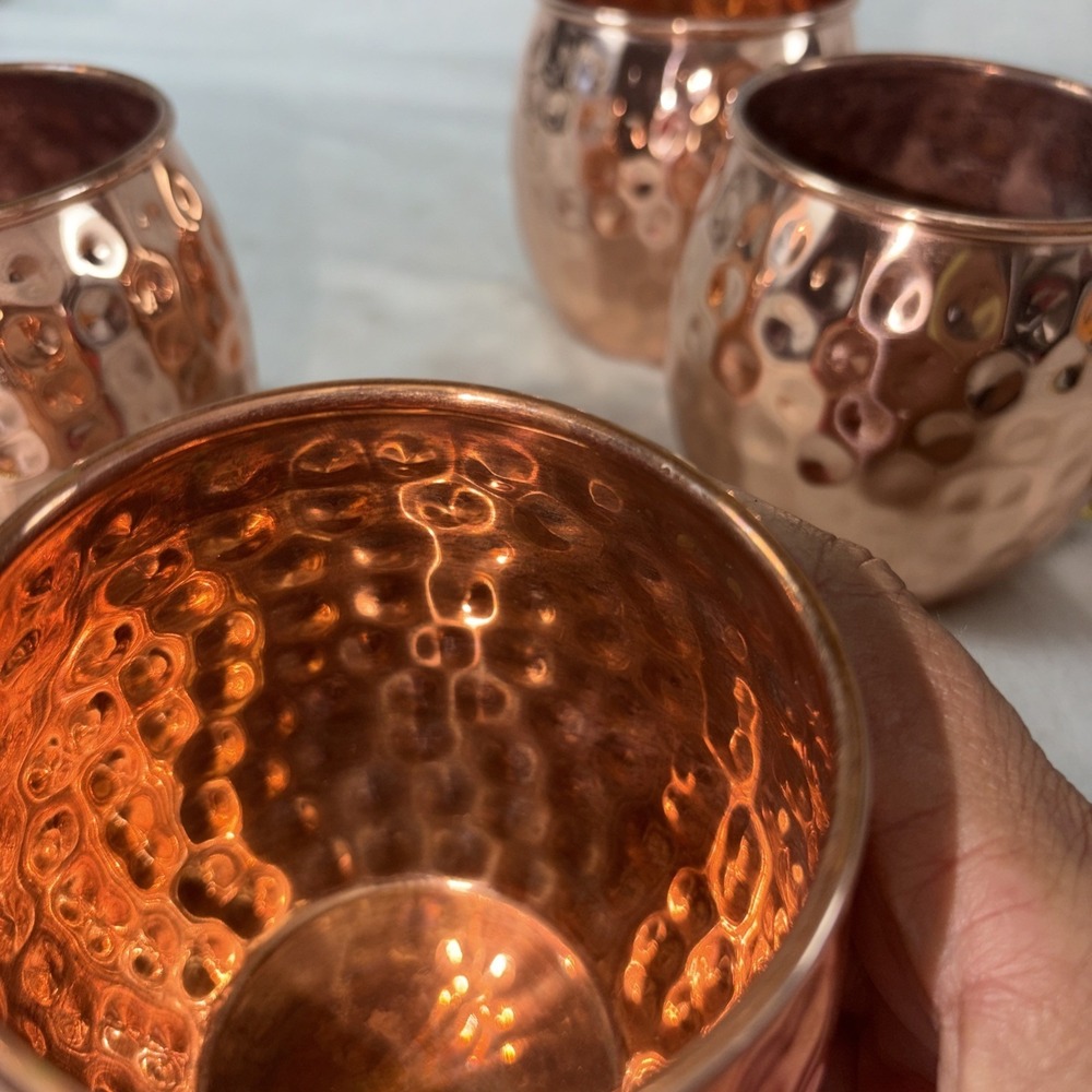 Solid Copper Classic Hammered Moscow Mule Cups Set of 4 Brass Handles Patina GUC - Picture 4 of 12